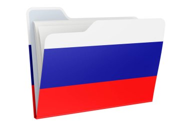 Rus bayrağı taşıyan bilgisayar klasörü simgesi. Beyaz arkaplanda 3B görüntüleme izole edildi