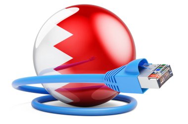 Internet connection in Bahrain. Lan cable with Bahraini flag. 3D rendering isolated on white background
