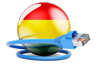  Internet connection in Bolivia. Lan cable with Bolivian flag. 3D rendering isolated on white background