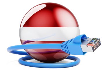 Internet connection in Latvia. Lan cable with Latvian flag. 3D rendering isolated on white background