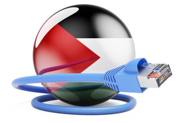 Internet connection in Palestine. Lan cable with Palestinian flag. 3D rendering isolated on white background