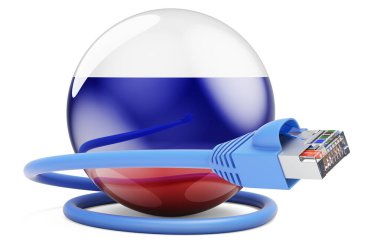 Internet connection in Russia. Lan cable with Russian flag. 3D rendering isolated on white background
