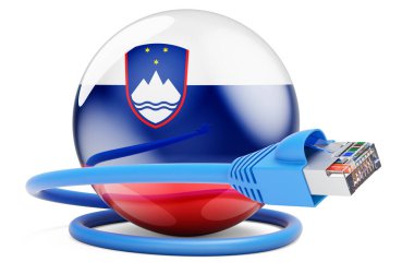 Internet connection in Slovenia. Lan cable with Slovenian flag. 3D rendering isolated on white background