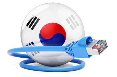 Internet connection in South Korea. Lan cable with South Korean flag. 3D rendering isolated on white background