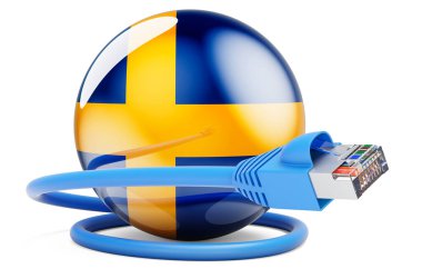 Internet connection in Sweden. Lan cable with Swedish flag. 3D rendering isolated on white background