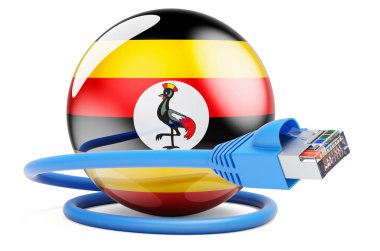 Internet connection in Uganda. Lan cable with Ugandan flag. 3D rendering isolated on white background