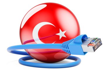 Internet connection in Turkey. Lan cable with Turkish flag. 3D rendering isolated on white background