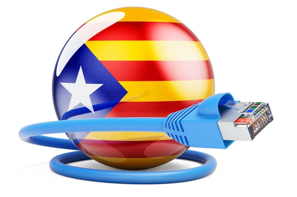 Dostęp Internetu Katalonii Kabel Lan Katalońską Flagą Rendering Izolowany Białym — Zdjęcie stockowe