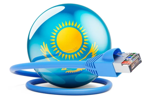 Internetové Připojení Kazachstánu Lanový Kabel Kazašskou Vlajkou Vykreslování Izolované Bílém — Stock fotografie
