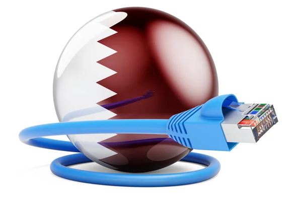卡塔尔的互联网连接 有卡塔尔国旗的Lan电缆在白色背景上孤立的3D渲染 — 图库照片