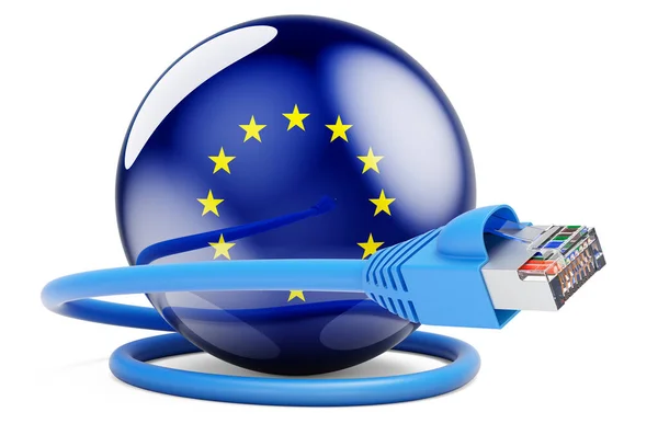 Internetové Připojení Evropské Unii Lanový Kabel Vlajkou Vykreslování Izolované Bílém — Stock fotografie