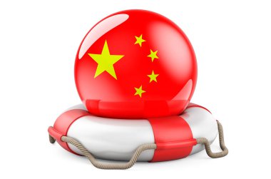 Çin bayraklı can yeleği. Güvenli, Çin kavramına yardım ve koruma. Beyaz arkaplanda 3B görüntüleme izole edildi