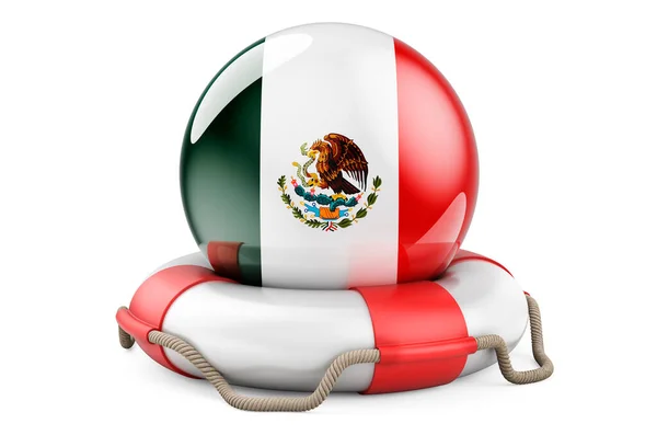 带着墨西哥国旗的救生圈安全 帮助和保护墨西哥的概念 在白色背景上孤立的3D渲染 — 图库照片