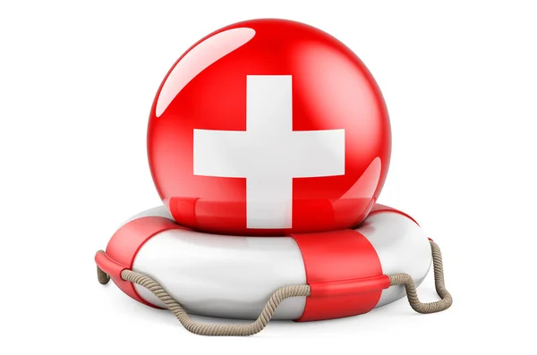 Lifebelt Švýcarskou Vlajkou Bezpečí Pomoc Ochrana Švýcarského Konceptu Vykreslování Izolované — Stock fotografie