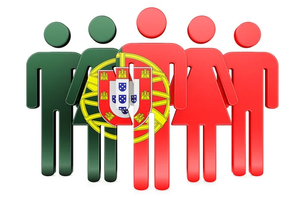 Stick Figures Portuguese Flag Social Community Citizens Portugal Rendering Isolated — Stock Photo, Image