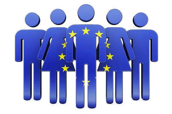 Stick figures with The EU flag. Social community and citizens of the European Union, 3D rendering isolated on white background