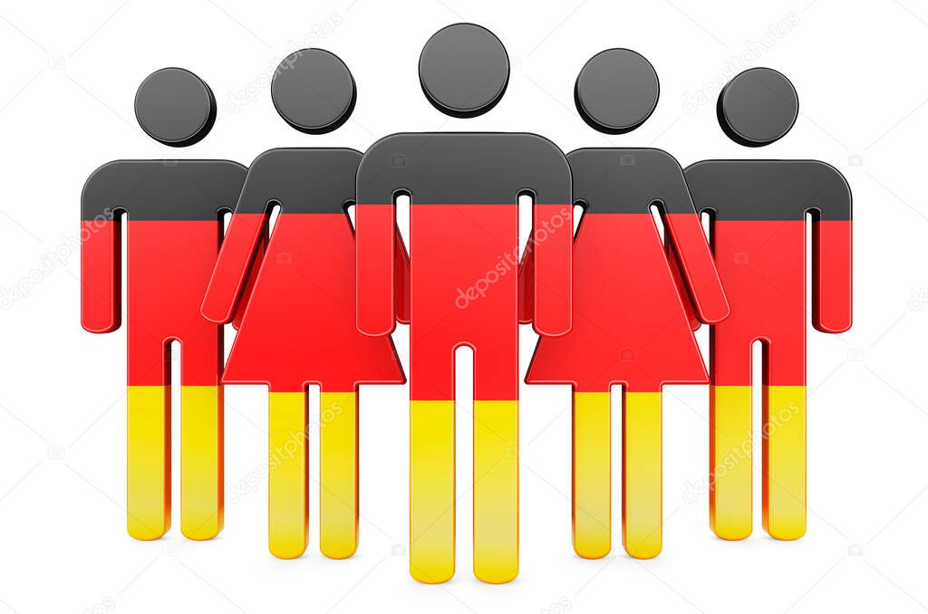 Stick figures with German flag. Social community and citizens of Germany, 3D rendering isolated on white background