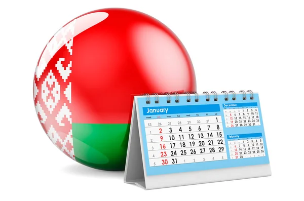 Calendario Tavolo Con Bandiera Bielorussa Rendering Isolato Sfondo Bianco — Foto Stock