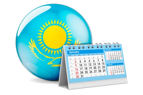 Kalendář Stolů Kazašskou Vlajkou Vykreslování Izolované Bílém Pozadí — Stock fotografie