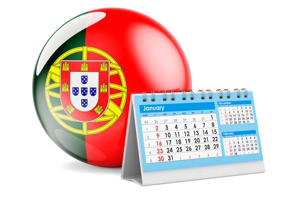 Calendário Secretária Com Bandeira Portuguesa Renderização Isolada Fundo Branco — Fotografia de Stock
