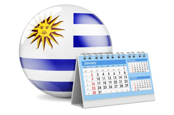 Skrivbordskalender Med Uruguayansk Flagga Rendering Isolerad Vit Bakgrund — Stockfoto
