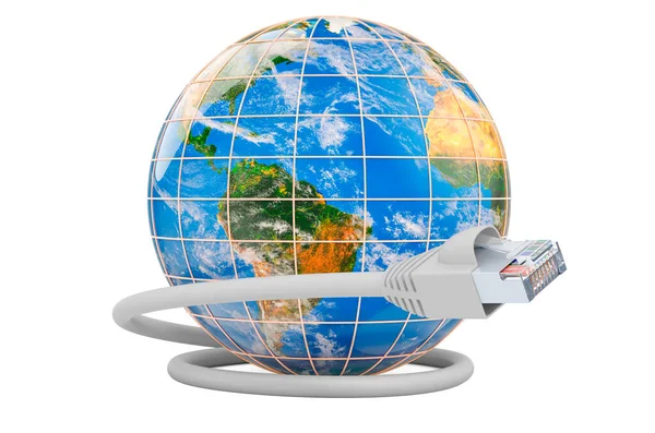 Lånade Kabel Med Earth Globe Globalt Koncept För Internetuppkoppling Rendering — Stockfoto