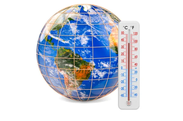 Thermometer Earth Globe Global Warming Concept Rendering Isolated White Background — Stock Photo, Image