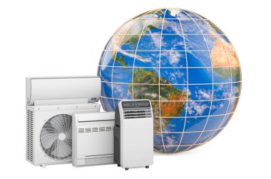 Soğutma ve iklim elektrikli cihazları olan Dünya Küresi, beyaz arka planda izole edilmiş 3D görüntüleme