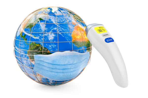 赤外線電子温度計を備えた医療用マスクの地球グローブ 白い背景に隔離された3Dレンダリング — ストック写真