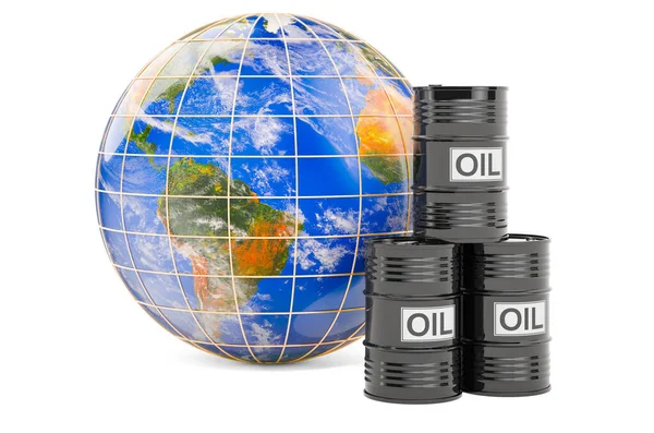 Oil Barrels Earth Globe Oil Production Trade World Concept Rendering — Stock Photo, Image