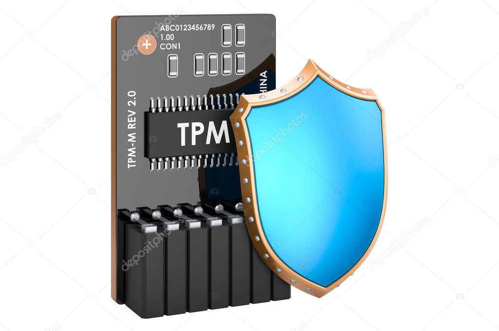 Trusted Platform Module with shield. Security and protection concept, 3D rendering isolated on white background