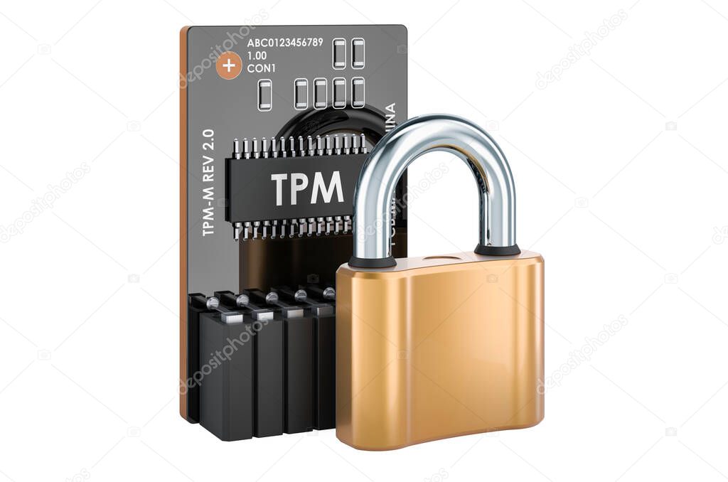 Trusted Platform Module TPM with padlock, 3D rendering isolated on white background