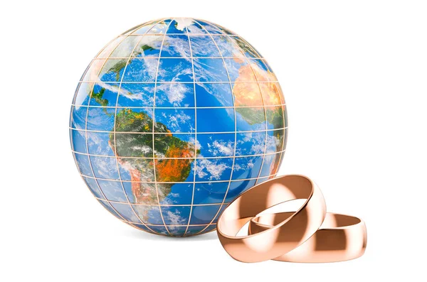 Wedding Rings Earth Globe Rendering Isolated White Background — ストック写真