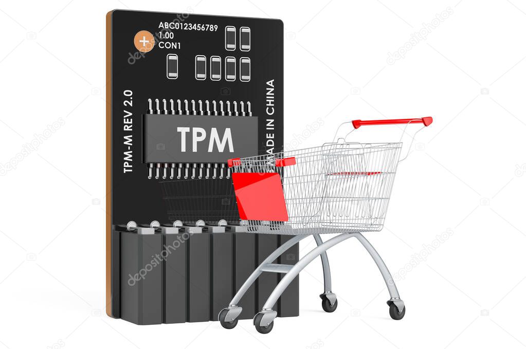Shopping cart with Trusted Platform Module, TPM. 3D rendering isolated on white background 