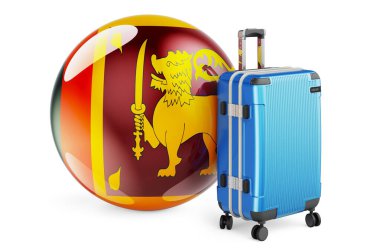 İçinde Sri Lanka bayrağı olan bavul. Sri Lanka seyahat kavramı, beyaz arkaplanda 3D görüntüleme