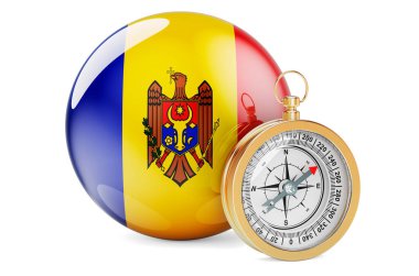 Moldova bayrağıyla pusula. Moldova konseptinde seyahat ve turizm. Beyaz arkaplanda 3B görüntüleme izole edildi