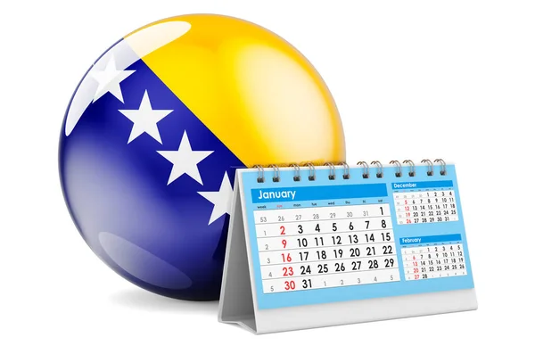 Calendario Tavolo Con Bandiera Bosniaca Rendering Isolato Sfondo Bianco — Foto Stock