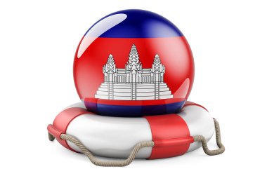 Kamboçya bayrağıyla cankurtaran kemeri. Güvenli, Kamboçya konseptine yardım ve koruma. Beyaz arkaplanda 3B görüntüleme izole edildi