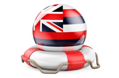 Hawaii bayrağıyla can yeleği. Güvenli, Hawaii kavramına yardım ve koruma. Beyaz arkaplanda 3B görüntüleme izole edildi