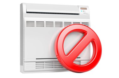 Taşınabilir klimalı, zemin ayaklı, yasak tabela. Beyaz arkaplanda 3B görüntüleme izole edildi