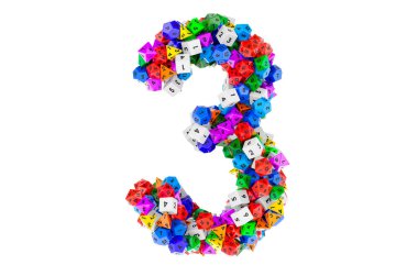 Renkli zar oyunundan 3 numara. Beyaz arkaplanda 3B görüntüleme izole edildi