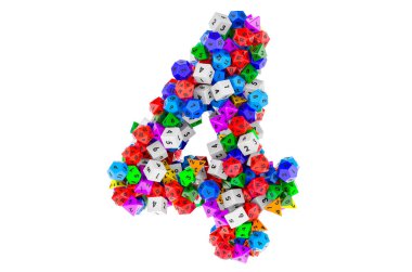 Renkli zar oyunundan 4 numara. Beyaz arkaplanda 3B görüntüleme izole edildi