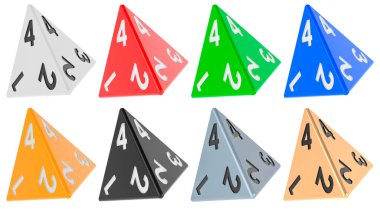 Set of 4 sided die, tetrahedron dice, various colors. 3D rendering isolated on white background clipart