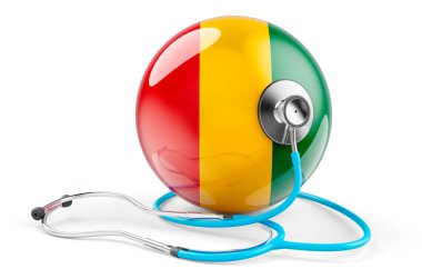 Steteskoplu Gine bayrağı. Gine konseptinde sağlık hizmetleri, beyaz arka planda 3 boyutlu görüntüleme