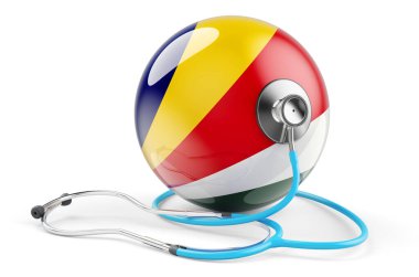 Steteskoplu Seychelloise bayrağı. Seyşeller konseptinde sağlık hizmeti, beyaz arka planda 3D görüntüleme