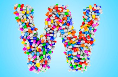 İlaç kapsüllerinden gelen W harfi, haplar. Mavi arkaplanda 3B görüntüleme izole edildi  