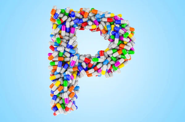 Buchstabe Aus Medikamentenkapseln Pillen Rendering Isoliert Auf Blauem Hintergrund — Stockfoto