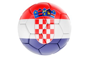 Hırvat bayrağı taşıyan futbol topu veya futbol topu, beyaz zemin üzerinde üç boyutlu yorumlama