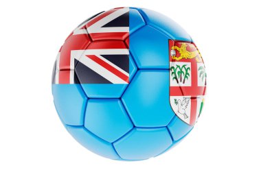 Fiji bayrağı taşıyan futbol topu ya da futbol topu, beyaz arkaplanda 3 boyutlu görüntüleme