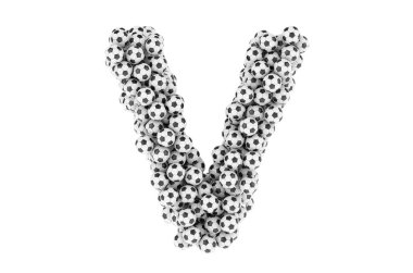 Futbol toplarından ya da futbol toplarından V harfi, 3 boyutlu yorumlama beyaz arka grupta izole edilmiş.